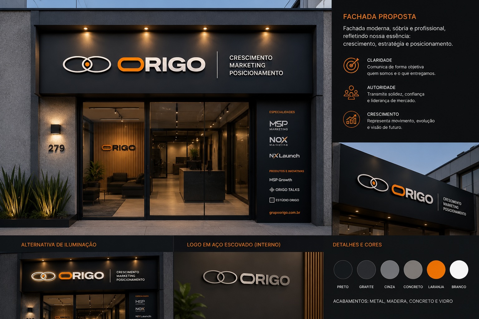 Fachada conceitual da ORIGO com crescimento, marketing e posicionamento